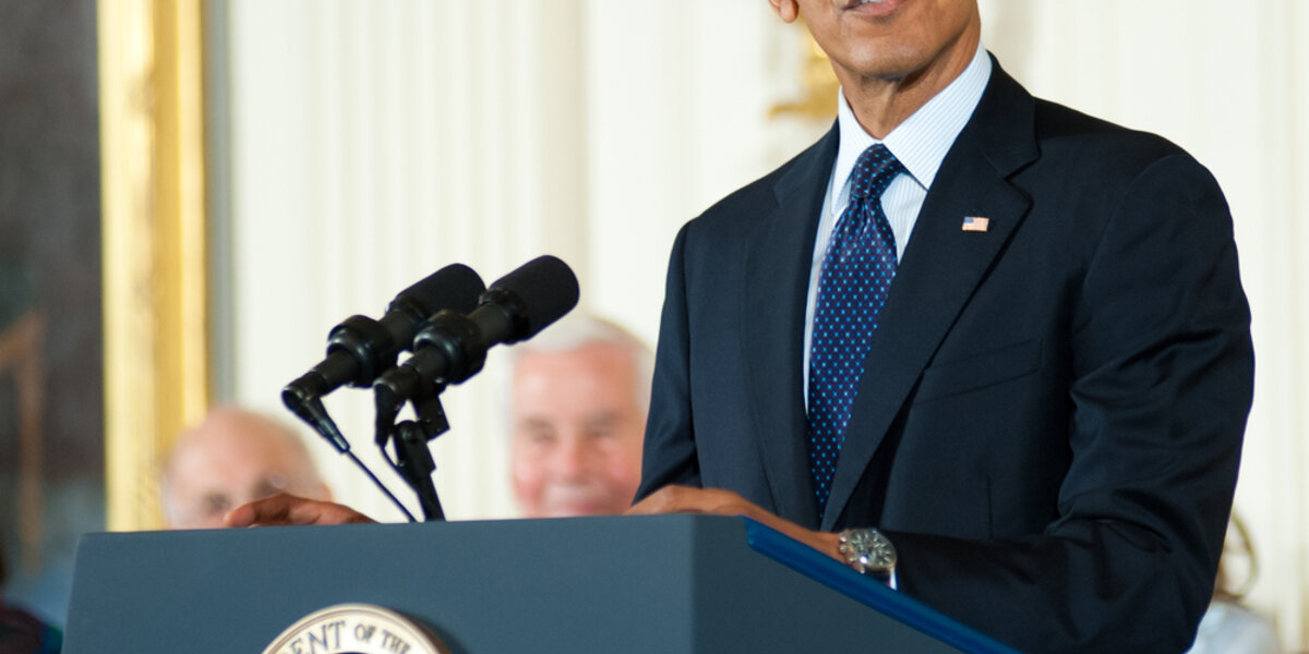 President Barack Obama speaking at a White House function.