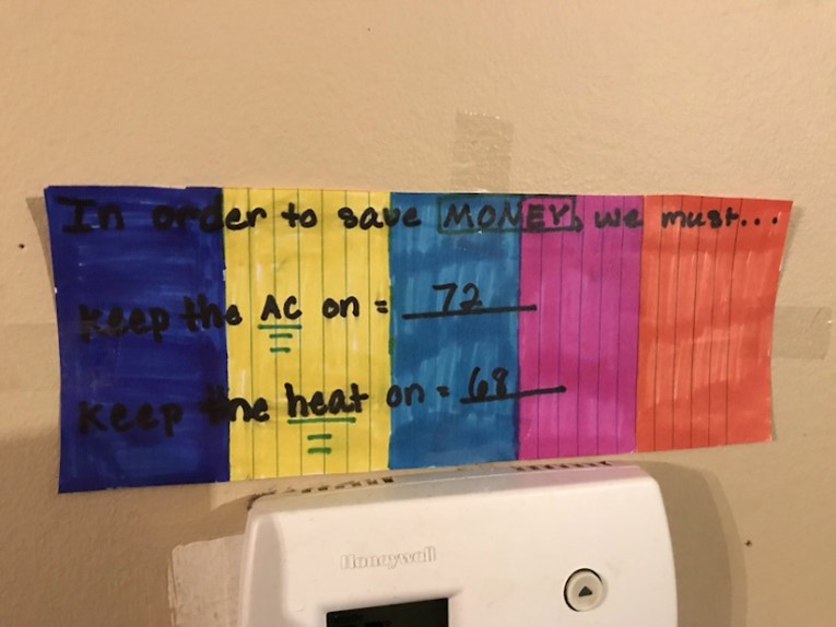 Winslow High School students created an eye-catching reminder that reminder shows one family's compromise on thermostat settings.