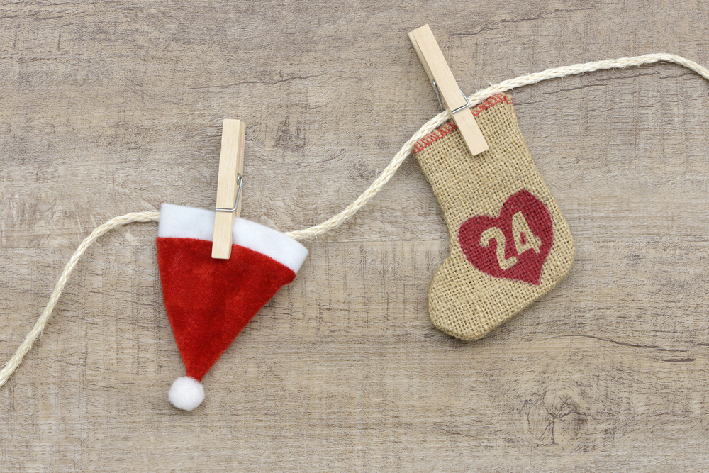 Santa hat and stocking decoration, counting down to Christmas